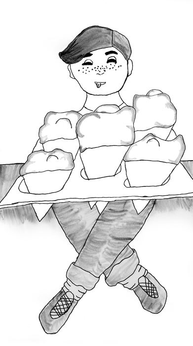 "A Sweet Treat" illustration: A happy boy holds a tray of five ice cream cones