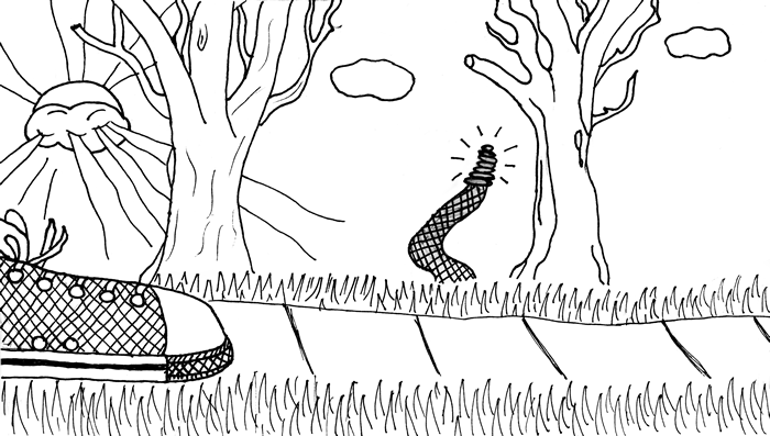 "Saved by a 71-Year-Old" illustration: A sneaker enters from the left as a rattlesnake shakes its rattles in the grass nearby