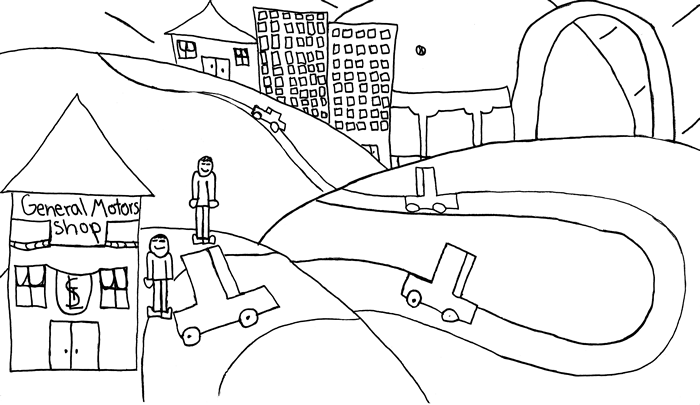 "The Day My Uncle Met a Wizard" illustration: Two people prepare to enter their car to travel a windy road that leads to the baseball stadium in St. Louis