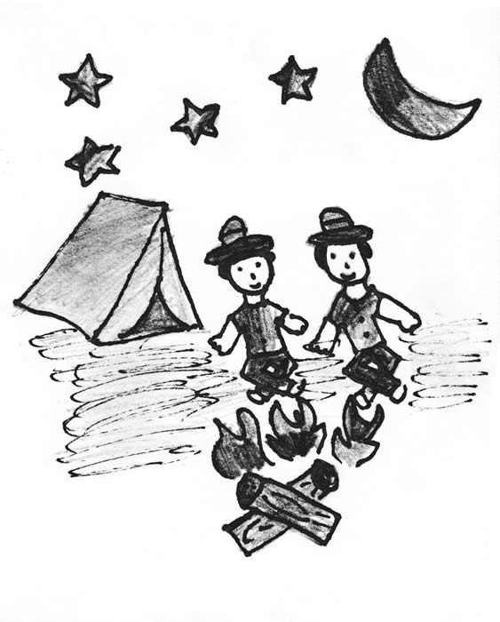 student drawing of a tent in the woods and campers at a campfire