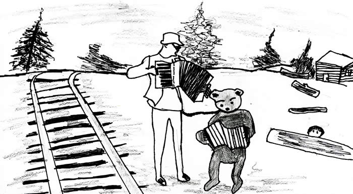"The Bear Man" - Illustration by Andrew Uihlein: Man and bear play accordion by railroad tracks as boy hides behind log