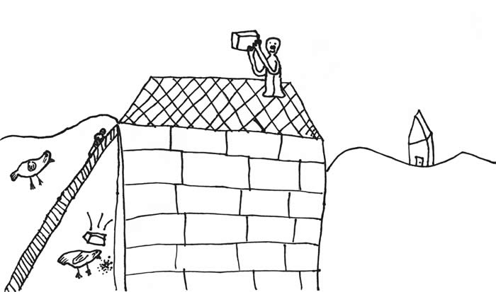 "Bricks vs. Chickens" illustration by B. B. Williams: Boy on the roof of a chicken coop, with a brick in his hand.