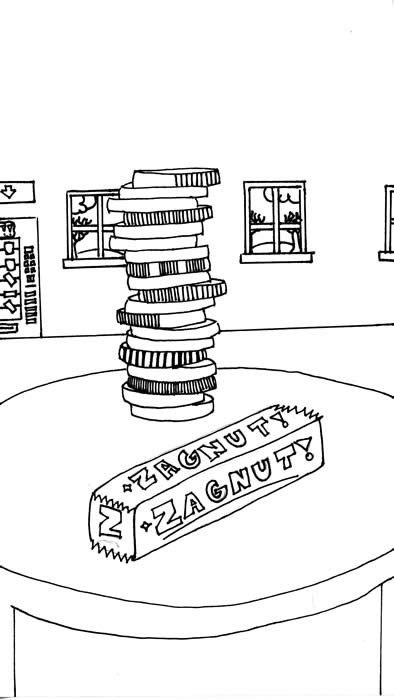 "The Coin" - Illustrated by Olivia Gravette: A Zagnut candy bar and a stack of coins sit on a table in a hotel lobby