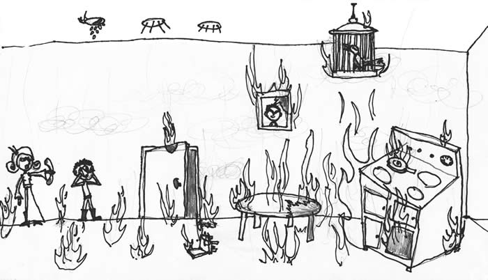 "The Fire Bird" illustration by Christian Bigler: A family hurries out the door as a kitchen stove, table, chair, bird cage, and floor are covered in flames.