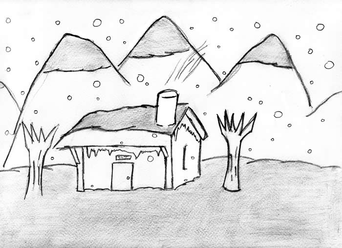 Student illustration of snow falling on mountains and a cottage