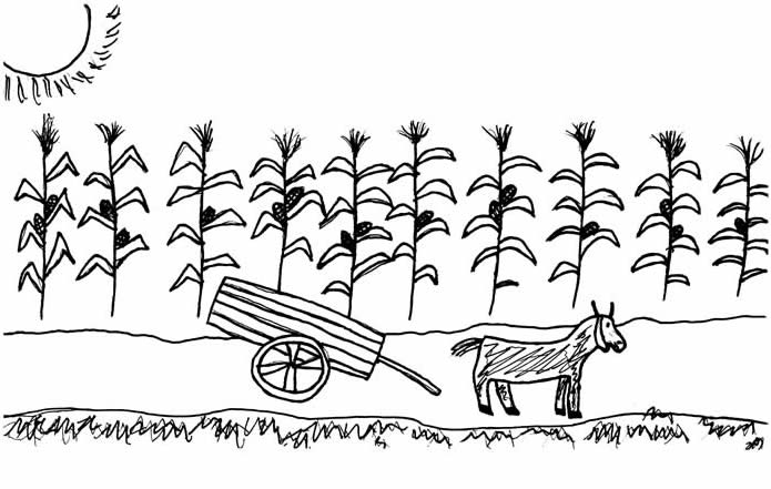 "The Galloping Goat" illustration: A goat and a hand-made cart stand ready for action at the edge of a cornfield. 
