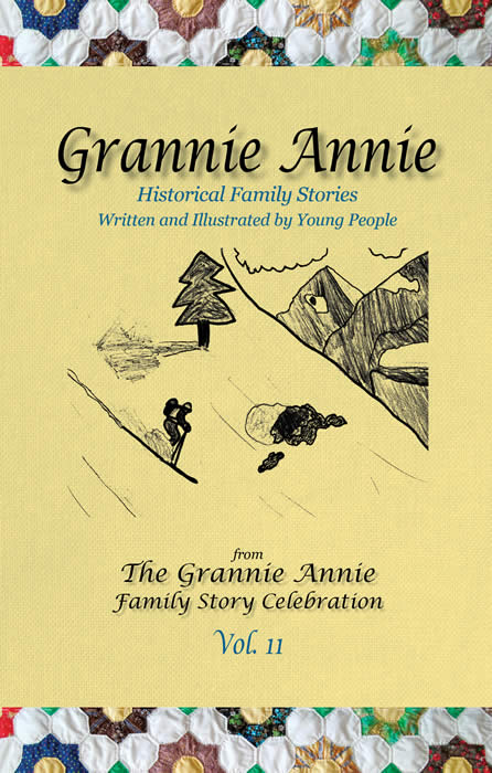 Grannie Annie, Vol. 11, book cover front: Goldenrod with quilt borders; student illustration of skier on a mountainside