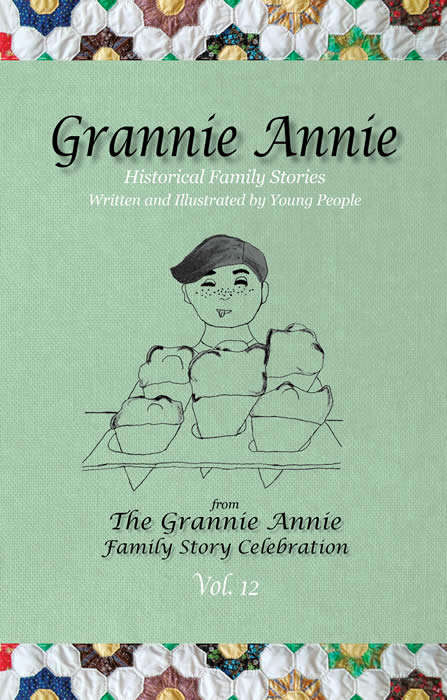 Grannie Annie, Vol. 12: Front book cover, sage background with quilt borders, featuring student art of a hungry boy carrying a tray of five ice cream cones