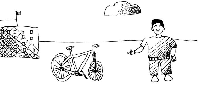 Illustration for "Hard WorkDown the DRain (Almost)" - A proud boy stands next to a bicycle, with a school in the background