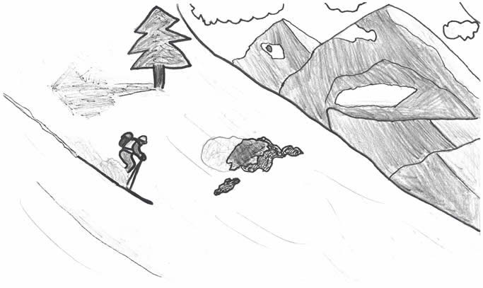 "Henrik" illustration: A skier "flies" down a mountainside, surrounded by other mountains.