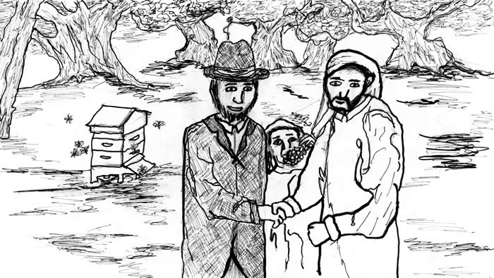 "Honey for Olives" - Illustrated by Joshua Bowman: A Jew and an Arab shake hands while a child tastes honey from a honeycomb
