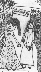 Grannie Annie student illustration of a man and woman in flowered dress