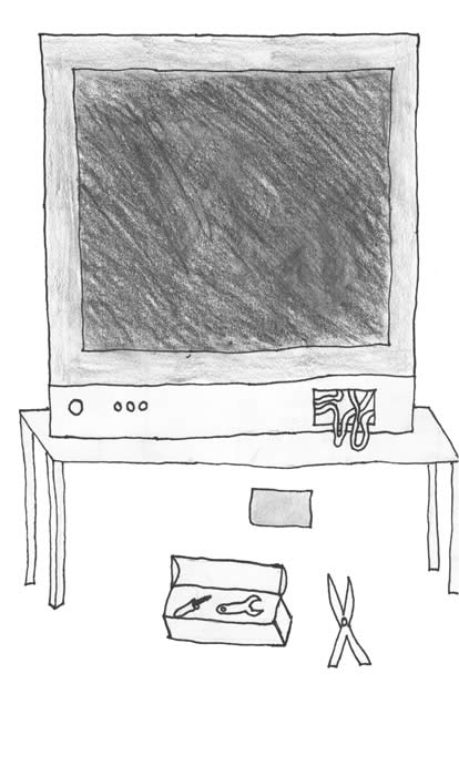 "The Magical Box" illustration by Teagan LeVar: TV with a blank screen and wires protruding, and a tool box nearby.
