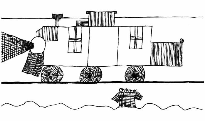 "The Man Who Saved the Chicks" illustration: A steam locomotive has dropped off a crate of newly hatched chicks, onto the snowy ground.