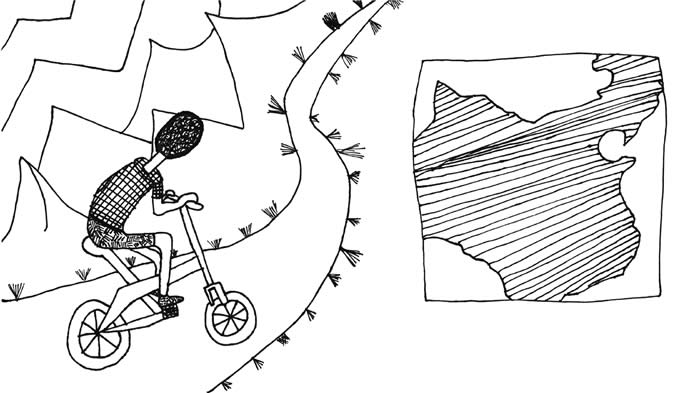 "My Father's Game of Dreams" illustration by Carissa Mitchell: A young boy on a bicycle comes around a curve in the road as he looks toward the mountains; off to the right is a map of China. 