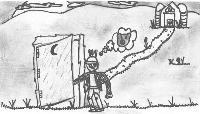 Grannie Annie student illustration of farmer at an outhouse door, thinking of bears, by Jordan Tyler