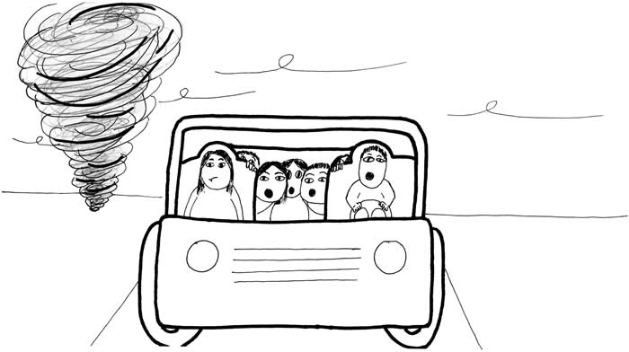 "On the Way Home" illustration, by Eva Stern: Each family member's face registers alarm as they are driving home and spot a tornado-like cloud of dust.