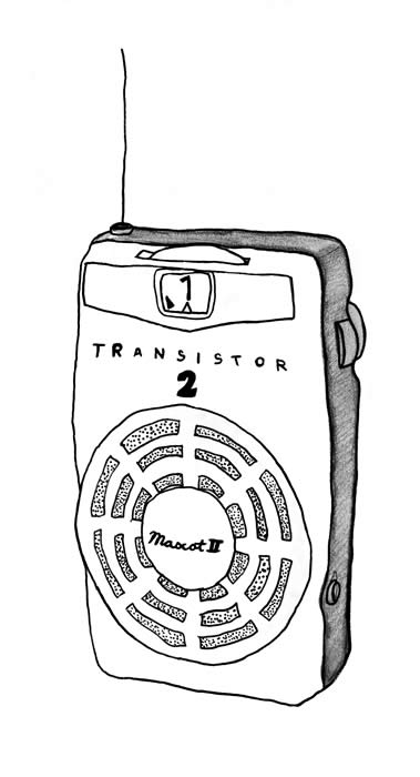 "Pocket Alarm" illustration, by Devyn Shelton: A transistor radio has its dial set to channel 1; a wire antenna extends from the top.