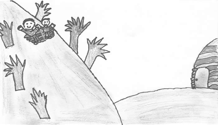 Grannie Annie student illustration of children sledding, by Yuridia Gomez