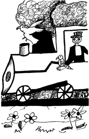 Grannie Annie student illustration of steam train, engineer, pigeon