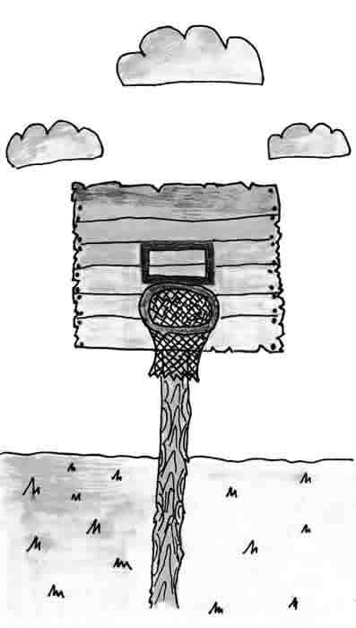The Basketball Hoop illustrated by April Turner: A pole made from a tree trunk and a handmade backboard.