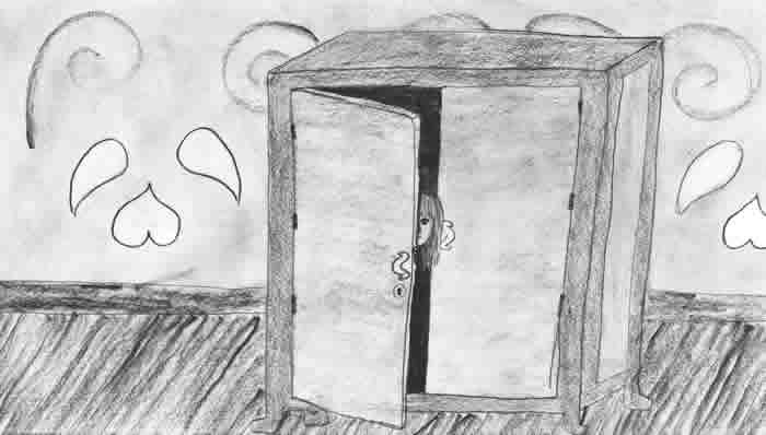 The Great School Escape illustration by Nguyet Nguyen: girl peeking out through barely opened closet door