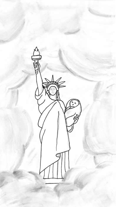 "The Lucky Baby" illustration by Devyn Shelton: The Statue of Liberty, surrounded by clouds, holds a a baby in her left arm