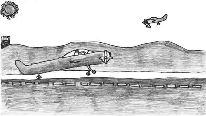 The Pilot illustration by Mikael Fett Schultheis: The new pilot hesitates on the runway as a plane approaches.