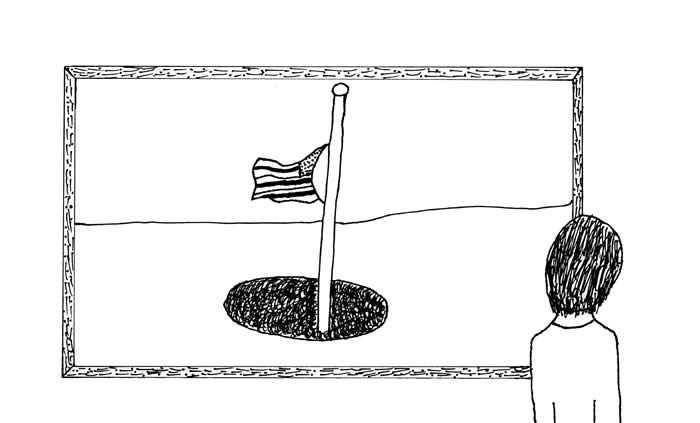 "The Window" illustration by David Evans: A child looks out the window at a flag that is at half mast.