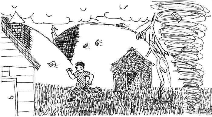 "The Tornado" illustration, by Walker Brand: A boy runs toward a house as a tornado churns behind him, spewing branches and leaves.