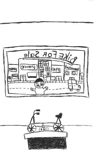 student art of child looking through a store window at a bike for sale 