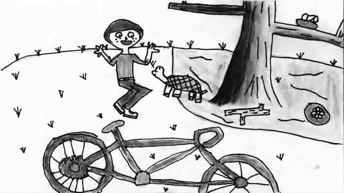 Turtle Trouble illustration by Hannah R. Anderson: boy has jumped off his bicycle, happy to find a turtle