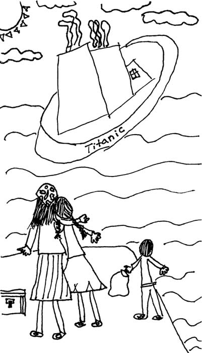 Grannie Annie student illustration of the Titanic and a family left behind on the dock