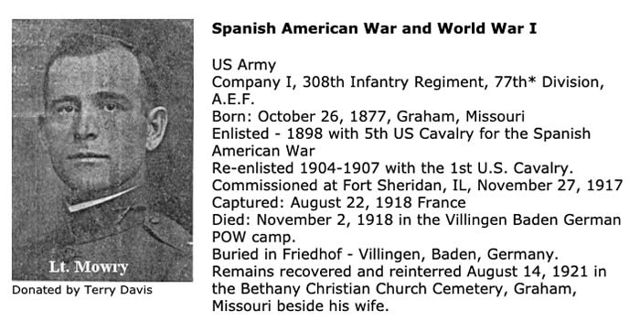 Photo of Lt. Mowry and list of important dates related to his service in the U.S. Army 