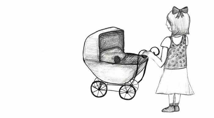 "The Precious Plum" illustration: A young girl pushes an old-style baby carriage -- with a plum in the carriage.