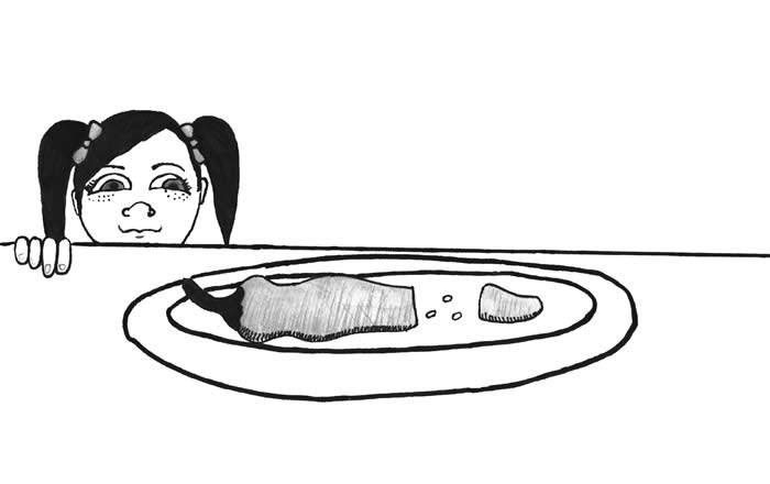 "The Twins and a Chili Pepper" illustration by Kylie Taliaferro: A young girl with pigtails peers over the edge of a table at a chili pepper that has been sliced open, exposing several pepper seeds.