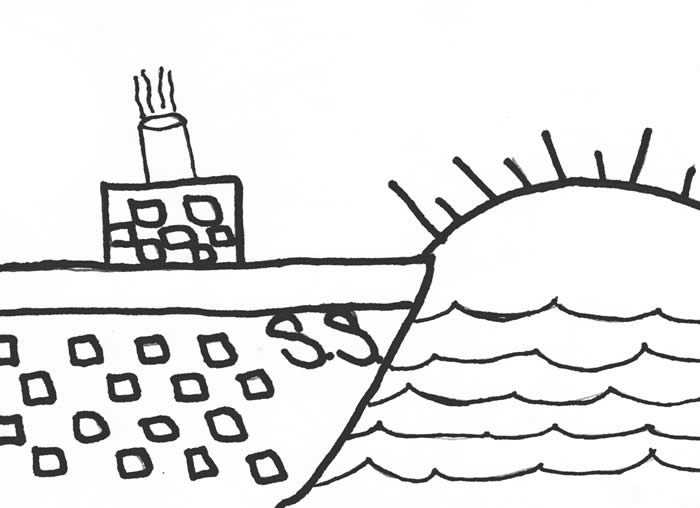 Grannie Annie student illustration of ship, ocean, and sun, by Taylor Eaton